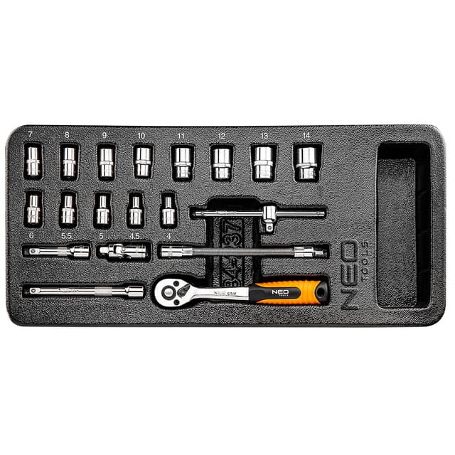 NEO Dugókulcskészlet 1/4", 19db, 4-14mm, műhelykocsitálcával (84-237)