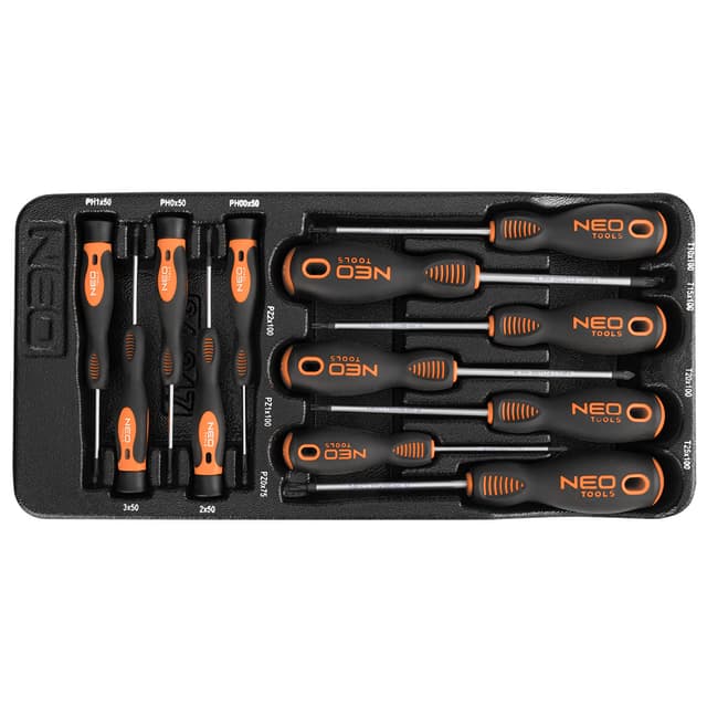 NEO Műszerész, Precíziós Csavarhúzó készlet, PZ, TORX, 12db, műhelykocsitálcával (84-247)